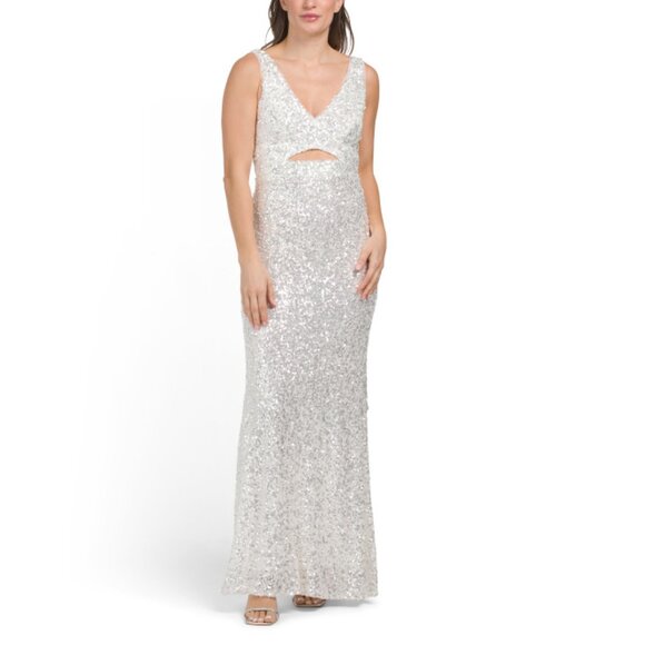 BETSY ADAM Ivory/Silver Made In Usa Sequin Embellished Gown With